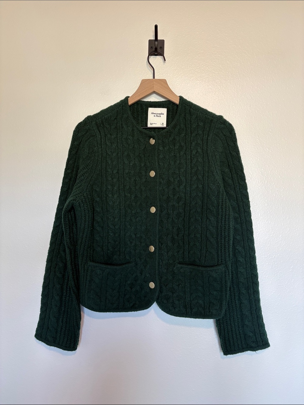 Abercrombie & Fitch Cable Knit Crewneck Button-Up Cardigan Sweater Green - Picture 2 of 8